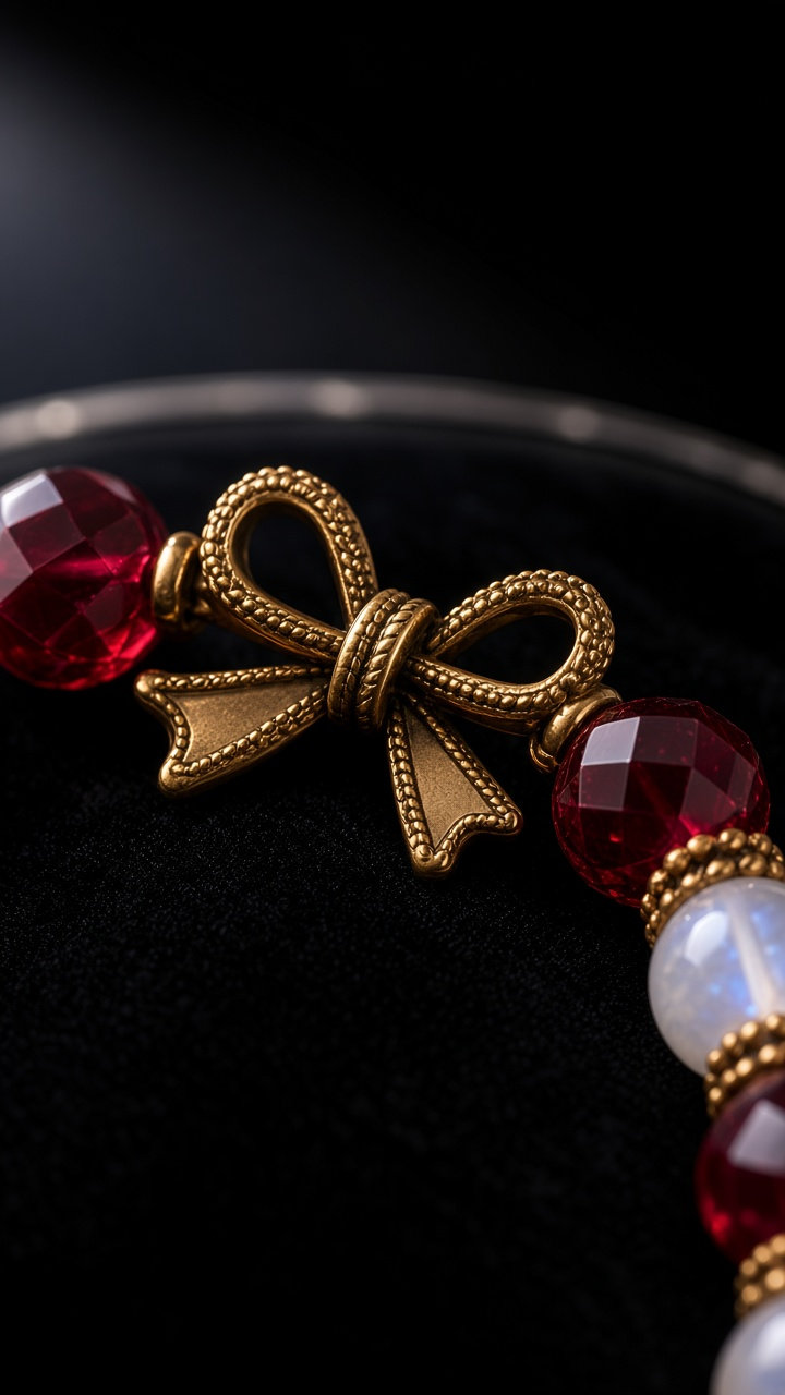 Close view of the antiqued gold-finish bow at the centre of the bracelet.