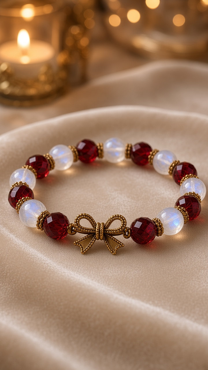 The Noël bracelet resting on cream velvet: alternating red and white moonstone beads with a single antiqued gold-finish bow.