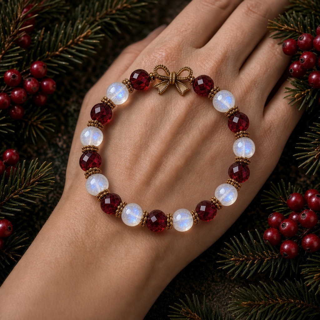 The bracelet worn across the back of the hand, against pine and winter berries.