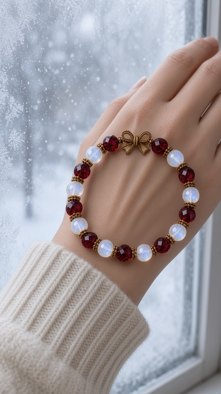 The bracelet worn at a frosted winter window in daylight.